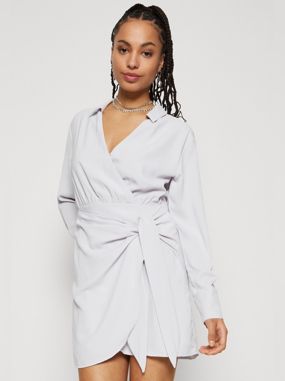 Abercrombie & Fitch Long-Sleeve Drapey Mini Shirt Dress in Light Purple Sz XLT